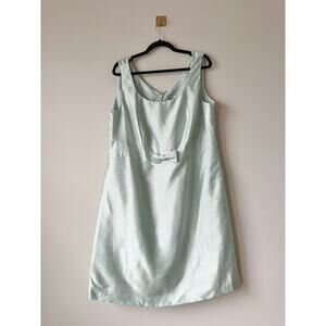 Vintage 90s Mint Satin Dress Plus Size Fit Flare Bow Waist Wedding Guest Midi